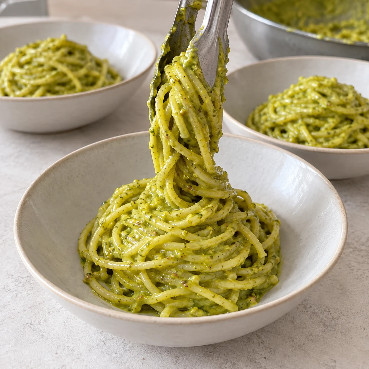 Pince déposant un nid de spaghetti au pesto vert dans une assiette creuse neutre, sans garniture.