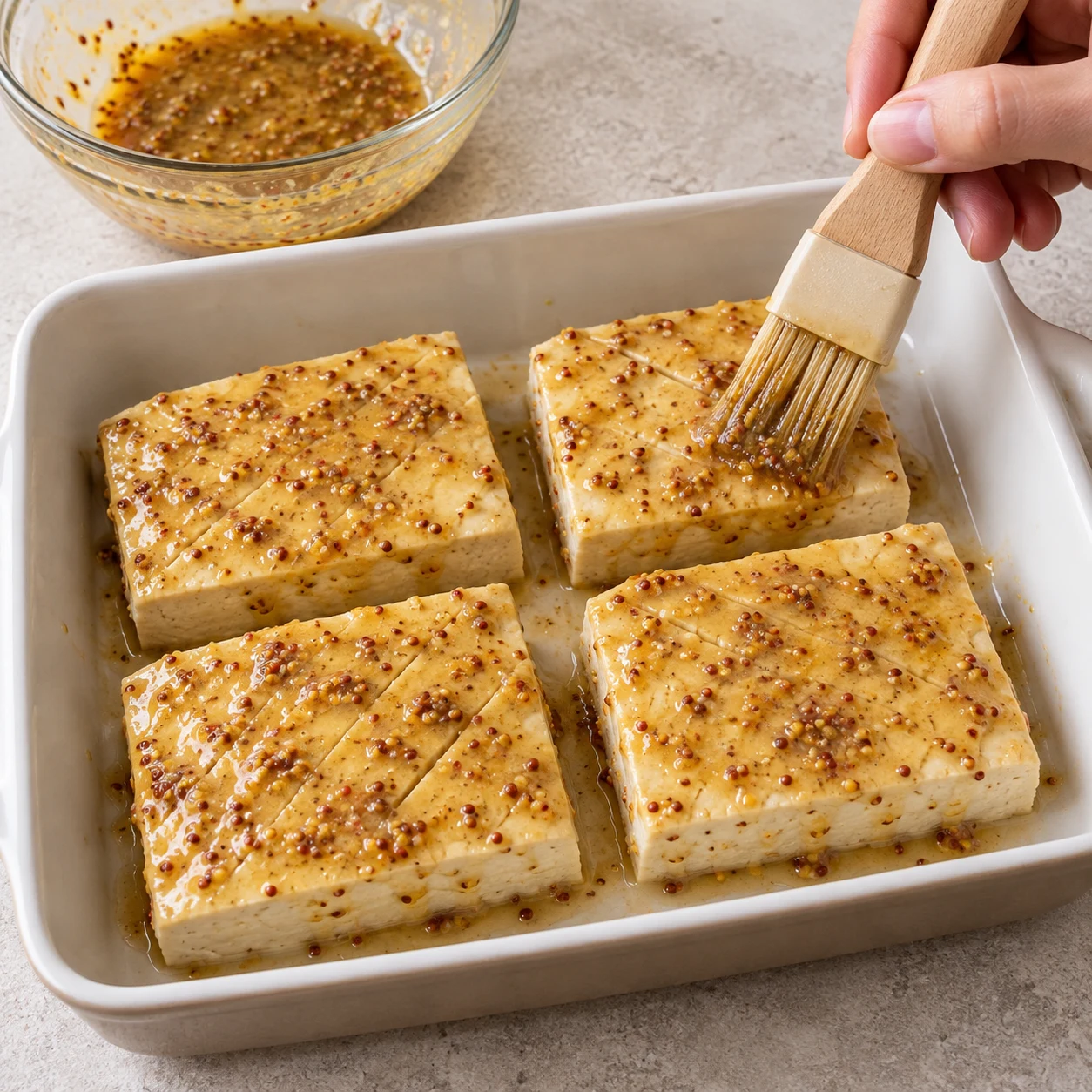 Quatre pavés de tofu crus légèrement entaillés dans un récipient, enduits au pinceau de marinade moutarde et sirop d’érable.
