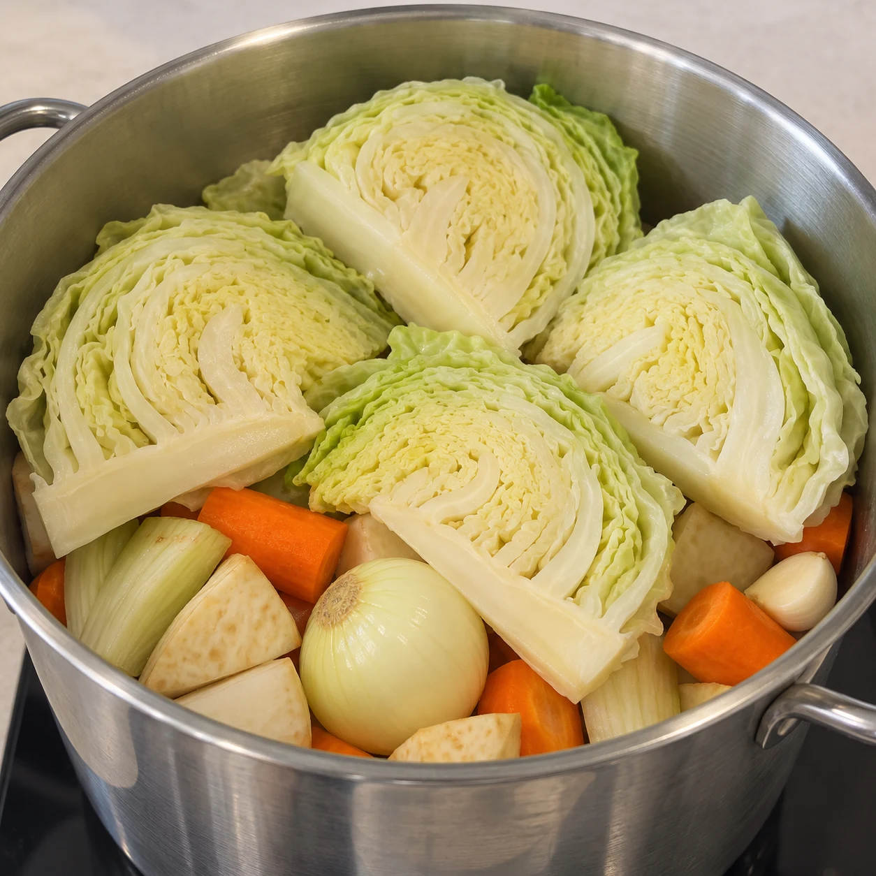 Photo culinaire carrée de l’action : Ajouter le chou blanchi. Les quartiers de chou sont posés au-dessus des légumes et restent entiers. Seulement Chou blanc, Carotte, Navet frais, Céleri-rave frais, Fenouil frais, Oignon frais, Ail frais. Mains adultes anonymes seulement si le geste le nécessite, aucun texte, visage, bijou ou viande.