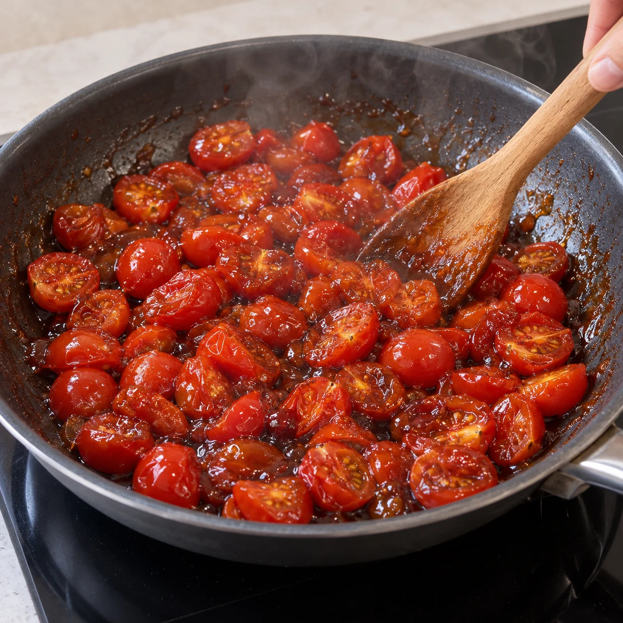 Mélangez et laissez les tomates caraméliser à feu moyen jusqu’à ce que leur sauce épaississe. Si la poêle ne va pas au four, transférez cette préparation dans un moule à tarte. Montrer une seule phase et aucune personne identifiable.