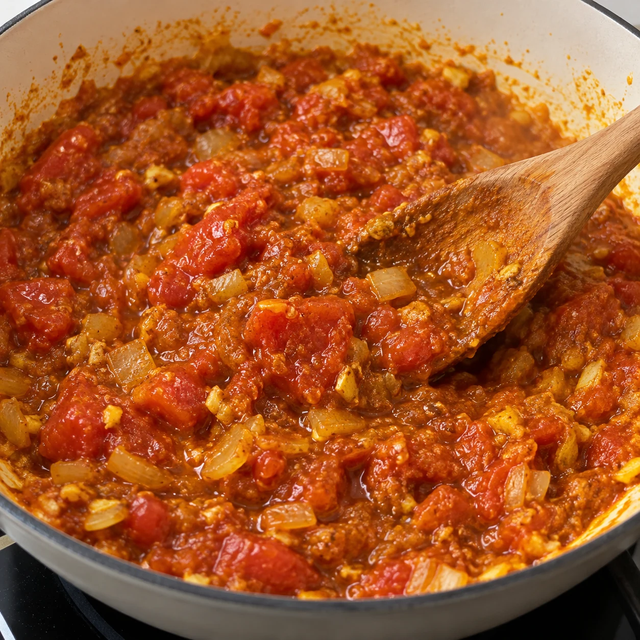 Ajoute les 250 g de tomates pelées découpées en cubes et leur pulpe. Laisse réduire quelques minutes en remuant. Montrer : La tomate enrobe les aromates et la préparation devient moins liquide. Aucun poisson.