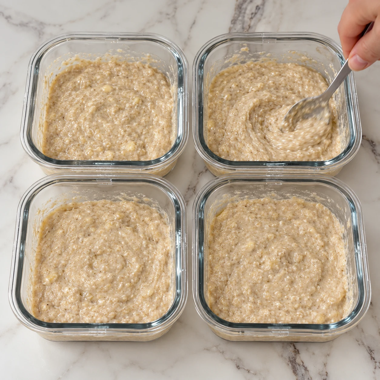 Quatre petits récipients en verre avec une pâte beige avoine banane yaourt soja, une main mélange un seul récipient.