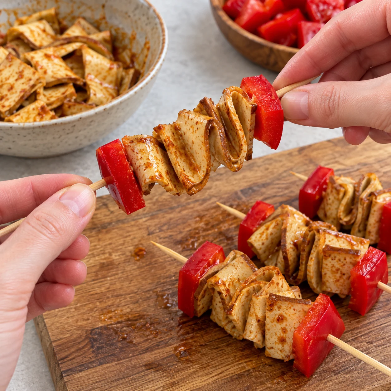 Assembler les brochettes : Chaque pic porte du tofu fumé replié en accordéon entre deux morceaux rouges.