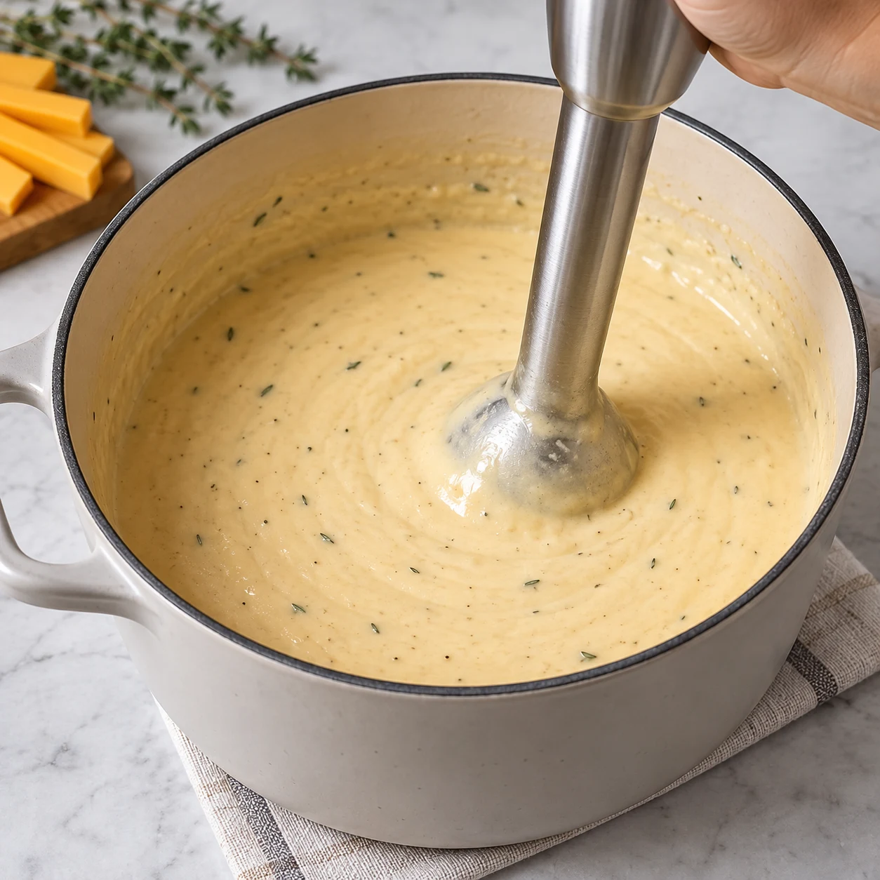 Mixeur plongeant immergé dans une casserole de sauce végétale homogène, petits points de thym ; aucun mélangeur fermé sous pression. Les tranches végétales façon cheddar sont orangées ; aucune matière laitière.