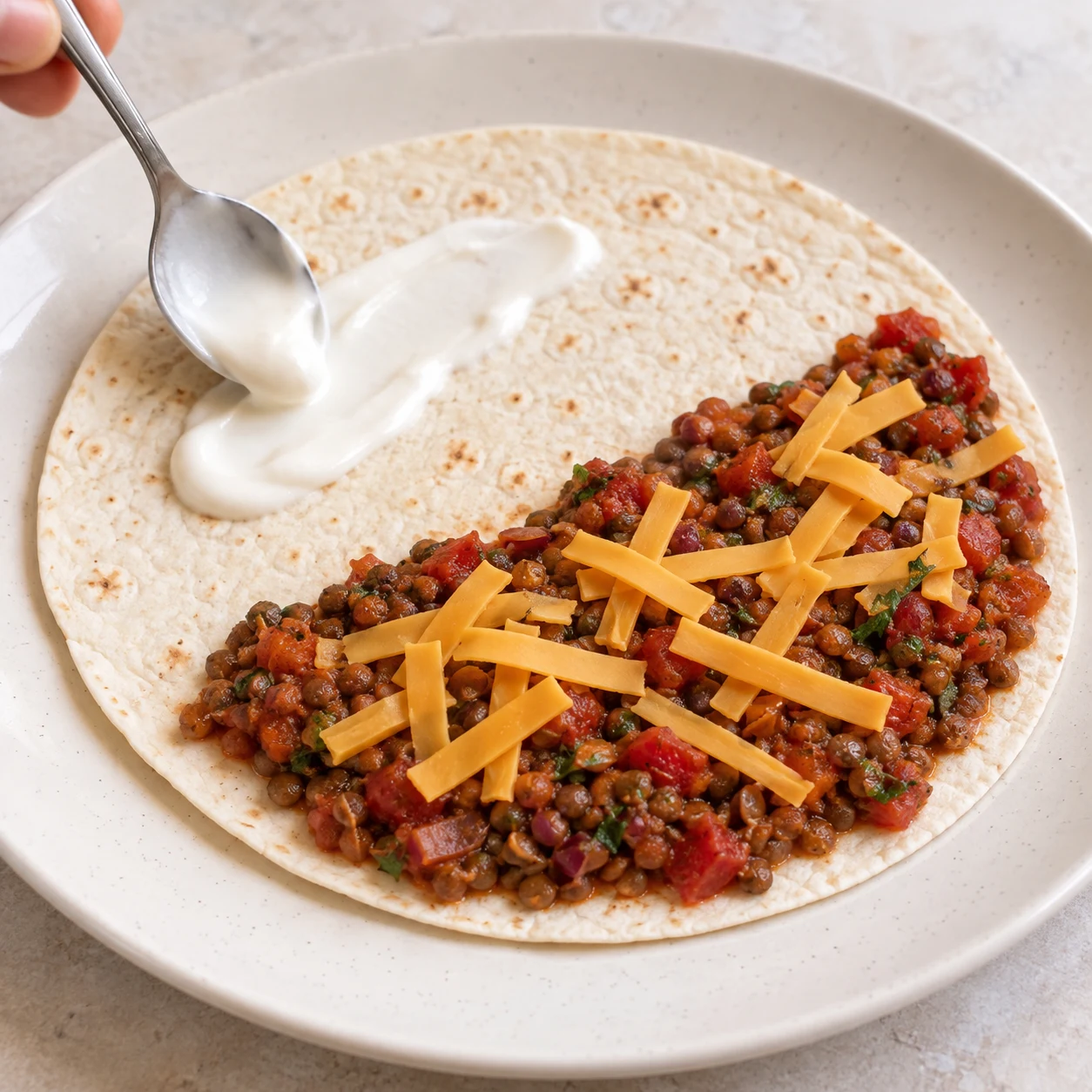 Photographie pédagogique carrée : Dépose un peu de crème de soja sur l’autre moitié de la tortilla. Résultat : L’autre moitié porte un peu de crème et peut encore se replier sans couler. Mains adultes anonymes seulement si nécessaires ; lentilles cuites petites et brunes à la place des haricots rouges de la capture, option source documentée ; fromage végétal au lieu de laitier lorsque présent. Aucun texte.