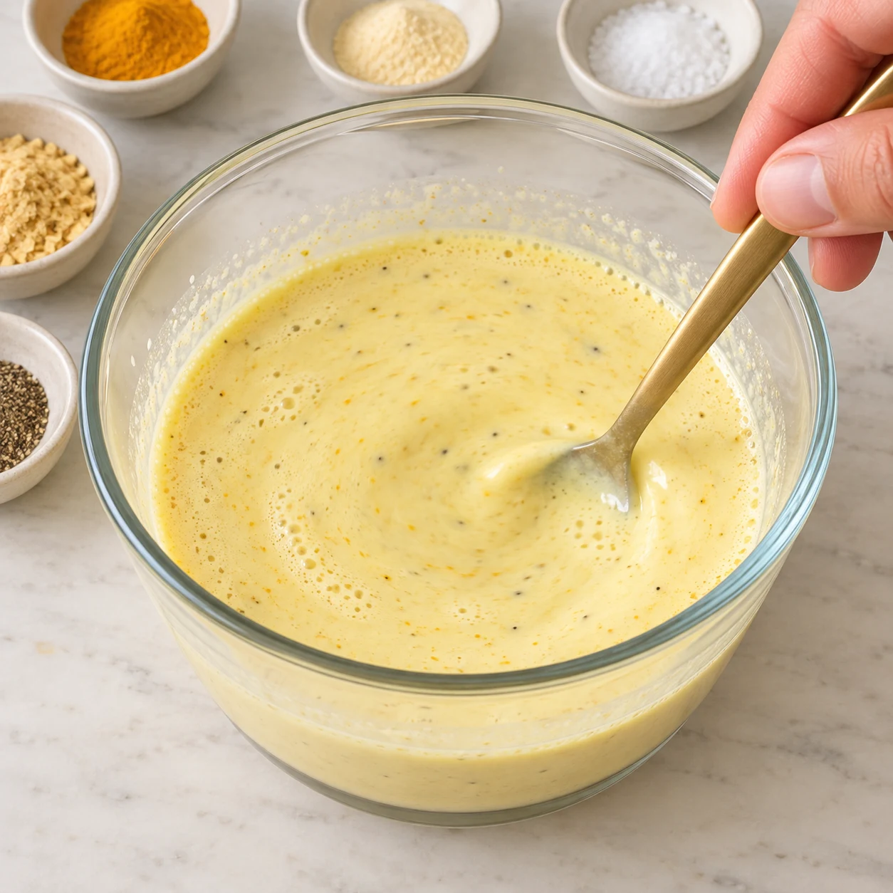 Cuillère mélangeant un liquide végétal jaune pâle dans un bol en verre.