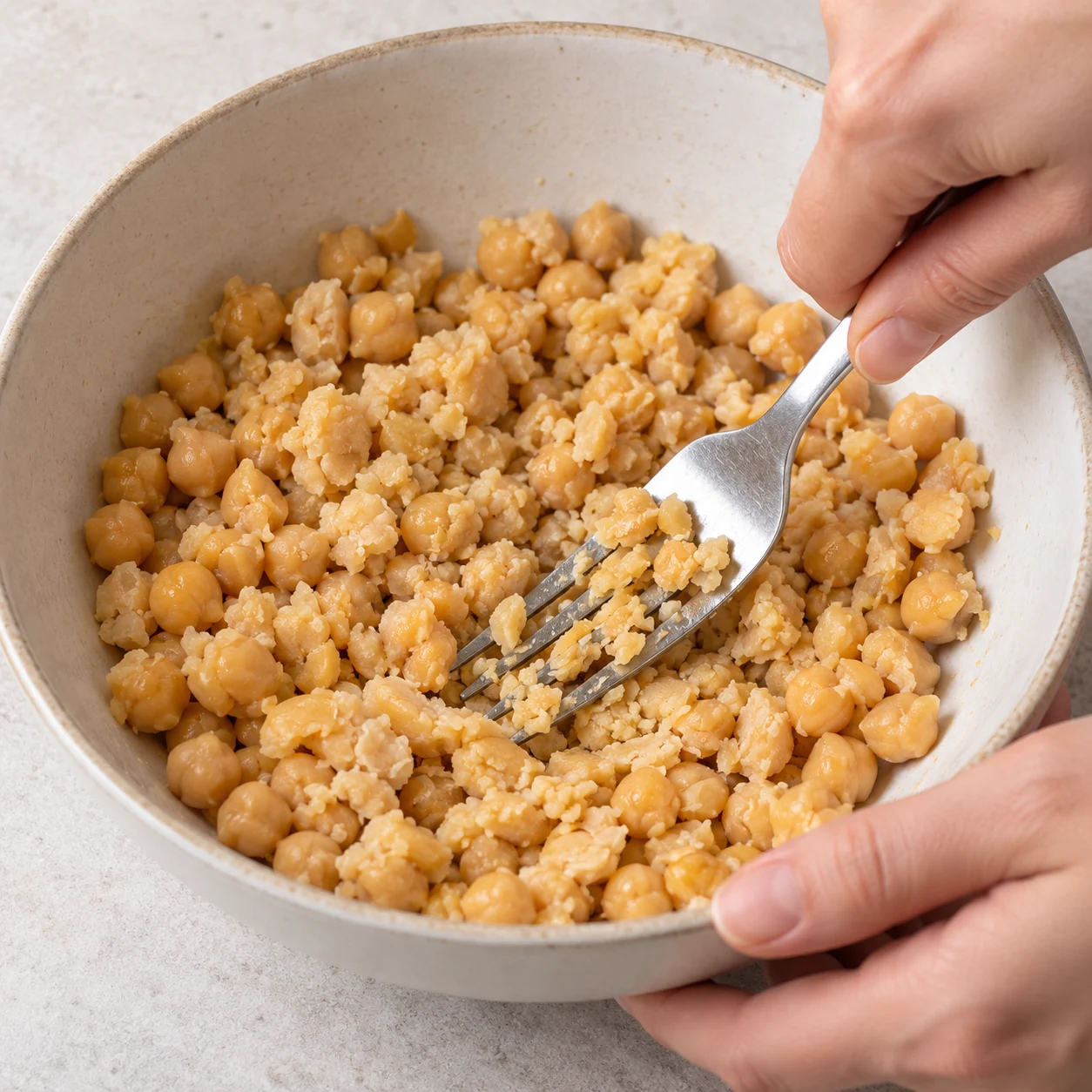 Une main adulte anonyme écrase à la fourchette des pois chiches cuits égouttés dans un bol. Quelques petits morceaux beige irréguliers, pas de purée lisse ni de tofu. Adaptation documentée ; la capture source représente la zone de brouillade à remplacer.