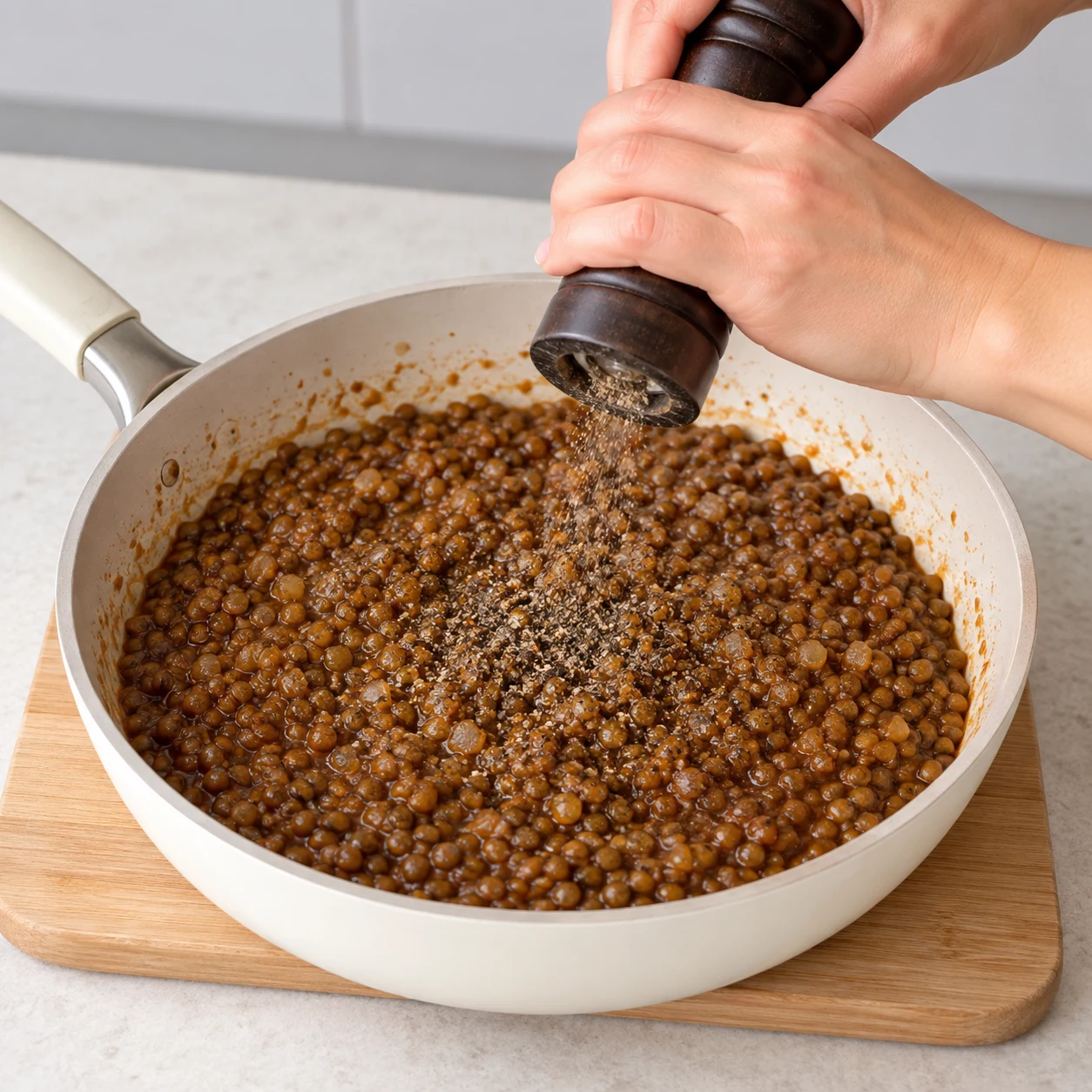 Poivre noir parsemé sur les lentilles fondantes dans la sauteuse.