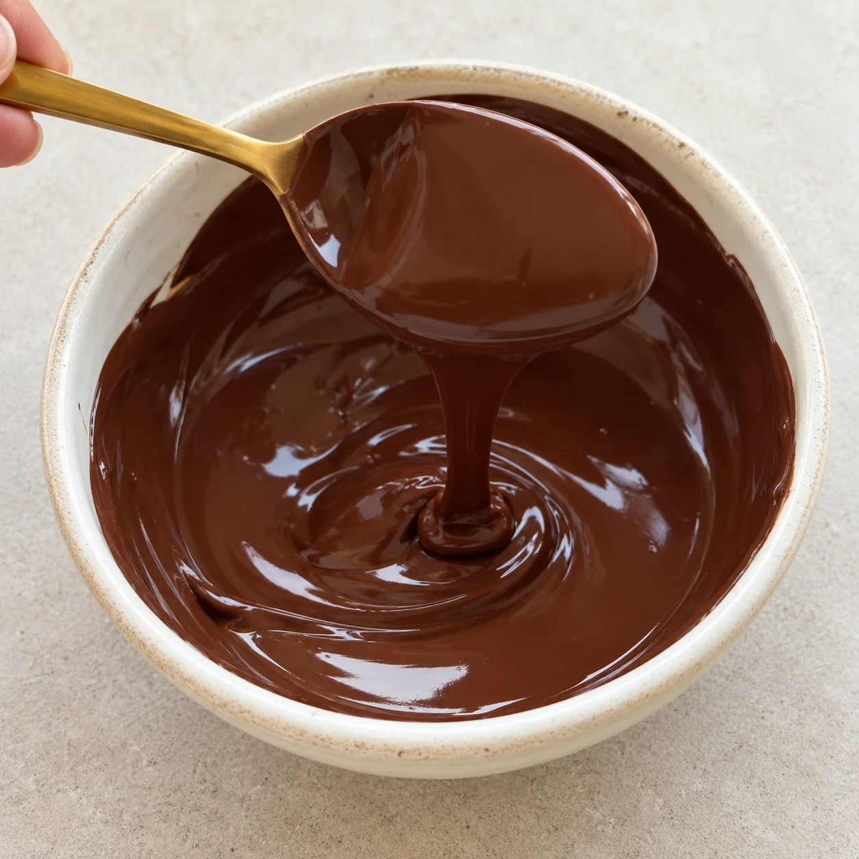 Bol en céramique claire rempli de chocolat noir fondu, lisse et brillant, cuillère dorée qui le remue.