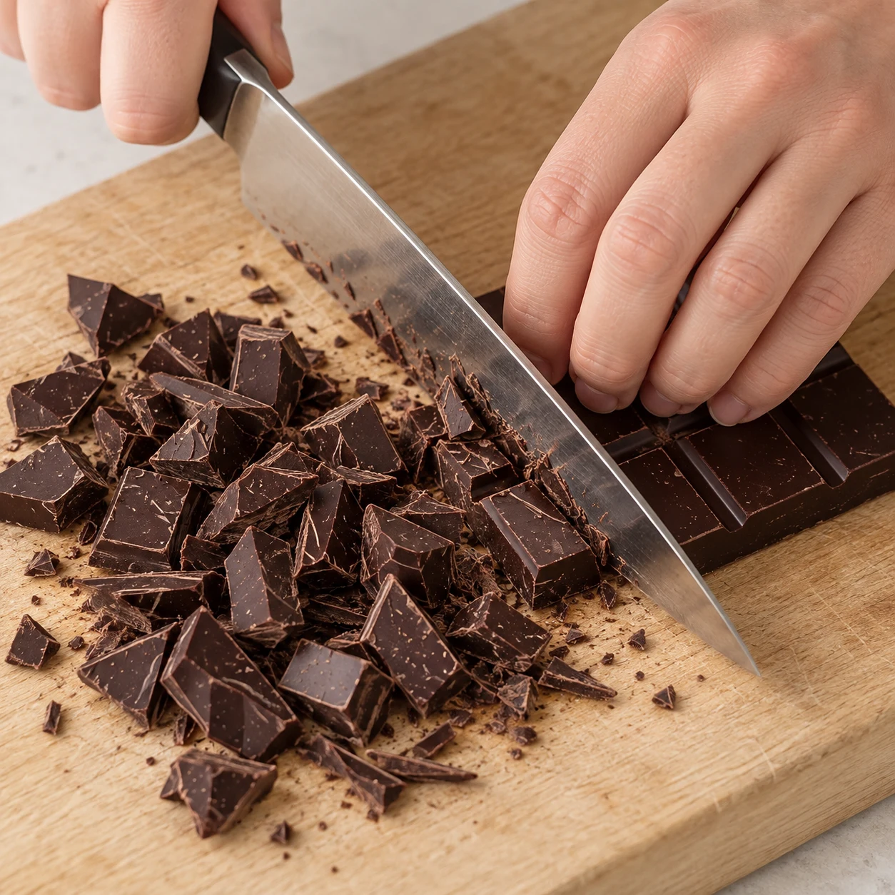 Une main anonyme coupe la tablette de chocolat noir sur une planche stable, prise sûre en griffe.
