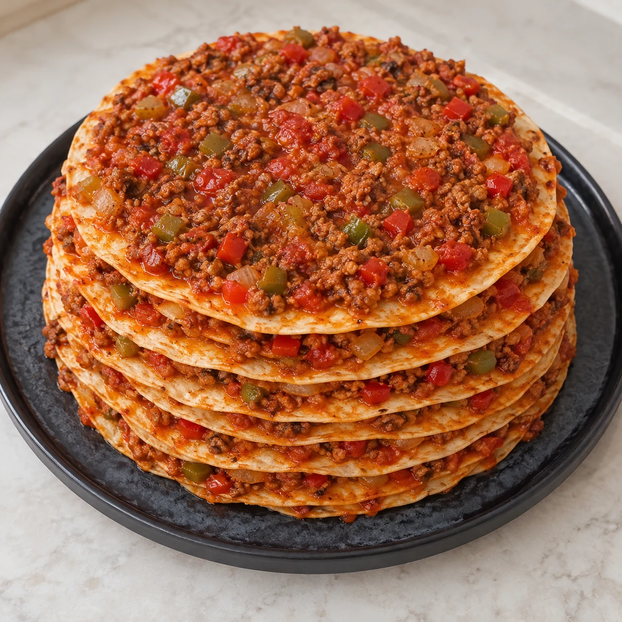 Monter le millefeuille. Les couches de pain et de farce alternent, avec une couche de farce sur le dessus.