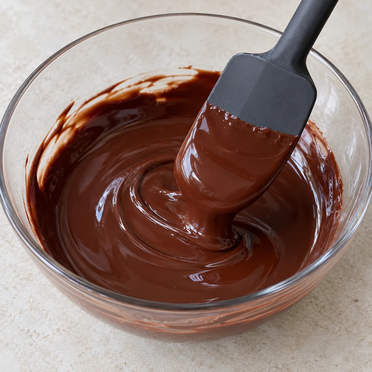 Bol de chocolat noir et huile coco fondus, spatule ; uniquement ces deux ingrédients.