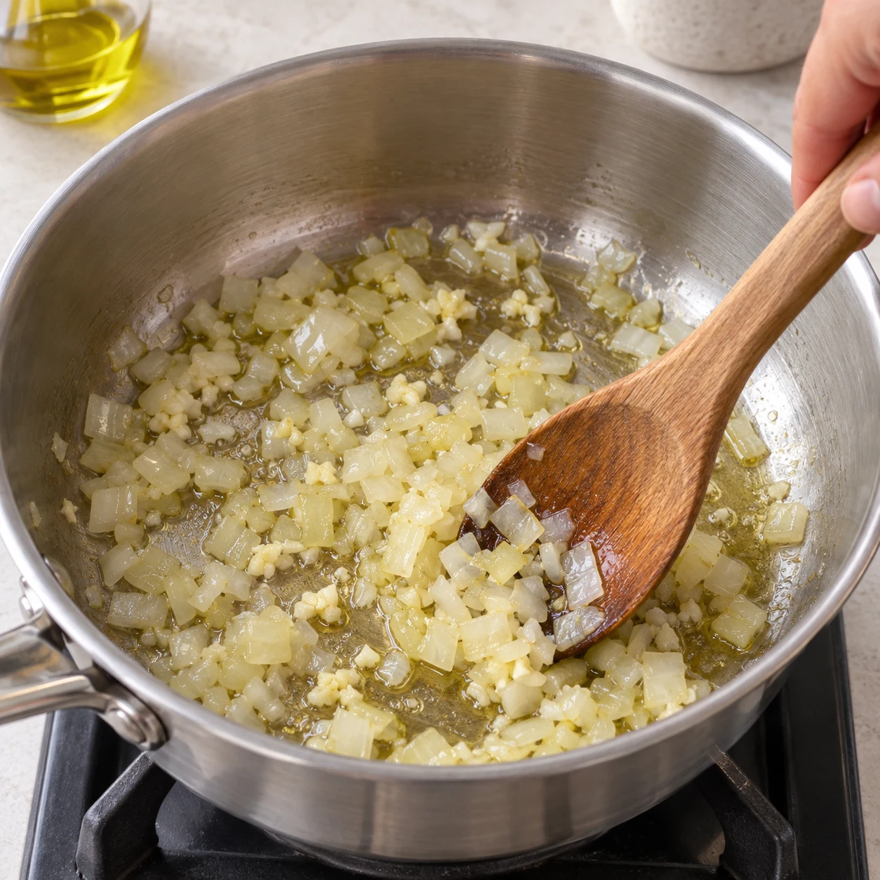Faire revenir les aromates : Les dés d’oignon deviennent translucides, sans ail noirci. Une seule phase culinaire, plan de travail pierre pâle, lumière naturelle, aucun texte.