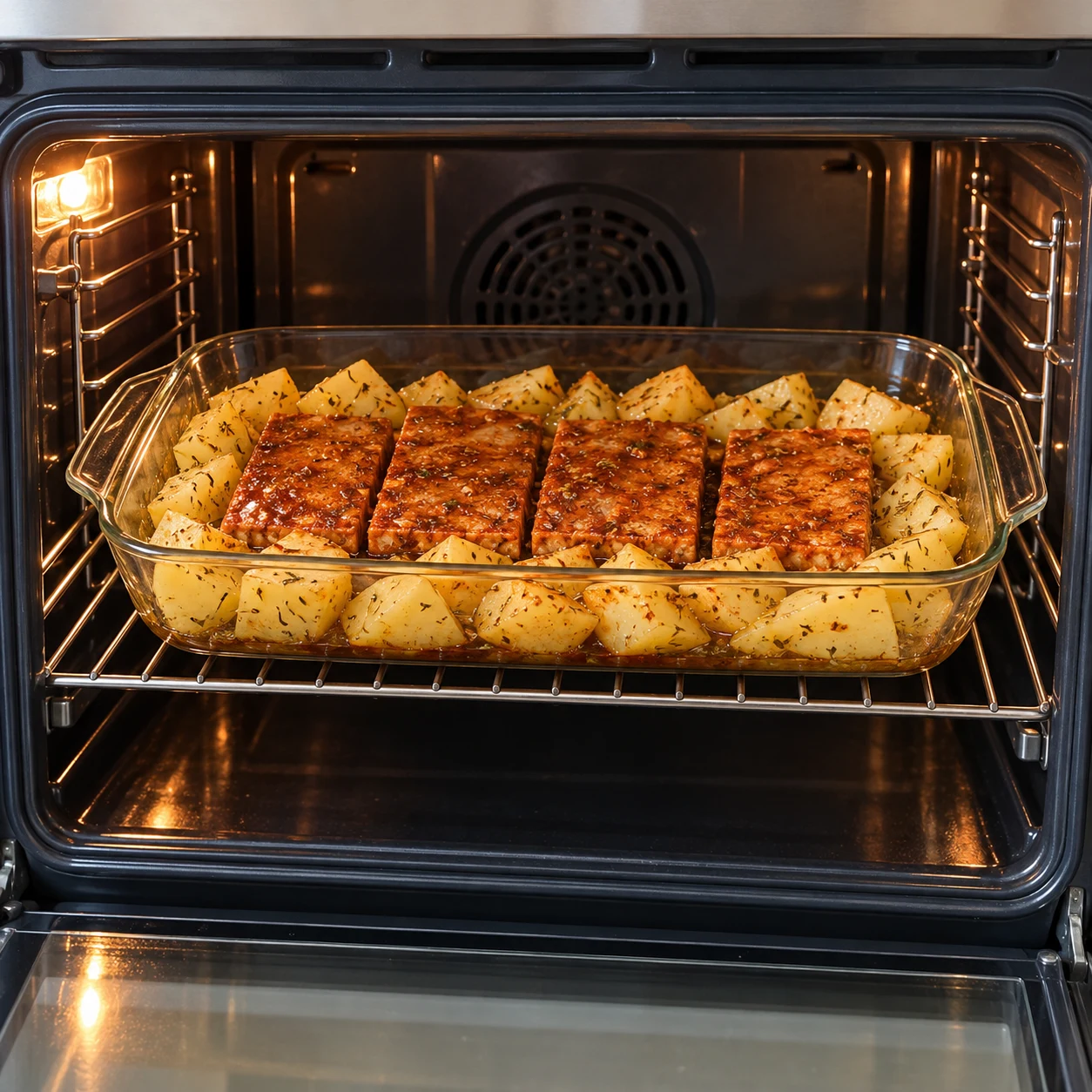 Plat en verre dans le four avec tofu au centre et pommes de terre ; phase de début de cuisson, pas le plat final brun.