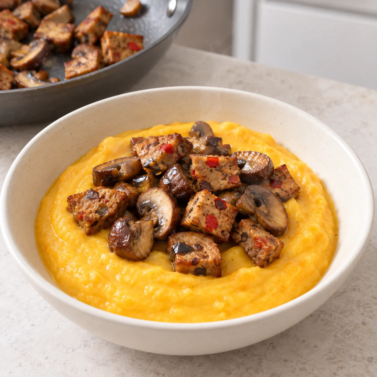 Servir avec la poêlée : La purée est servie chaude et garnie de morceaux de carré de blé et de champignon.