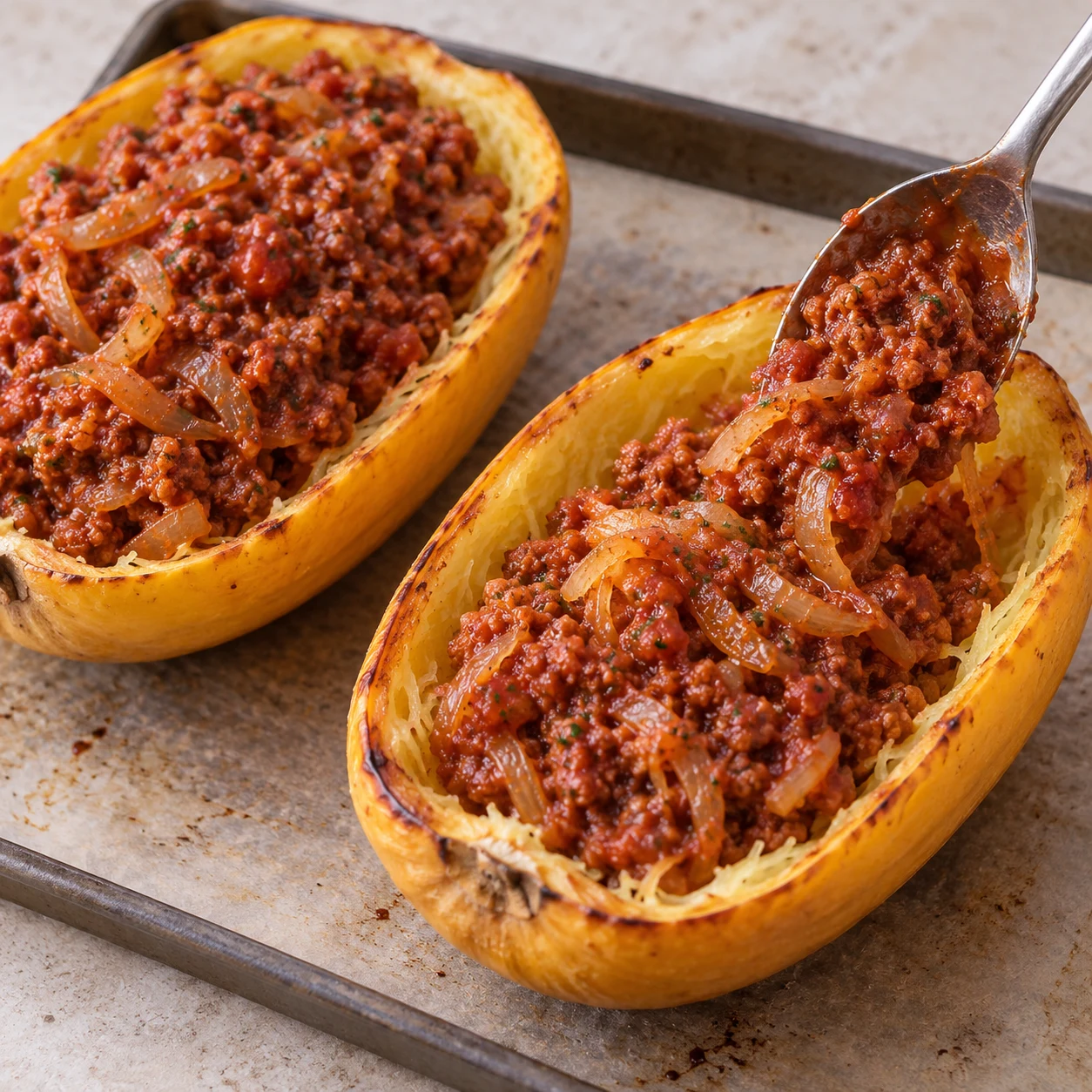 Cuillère remplissant les coques de courge du mélange filamenteux rouge au soja, sans fromage.