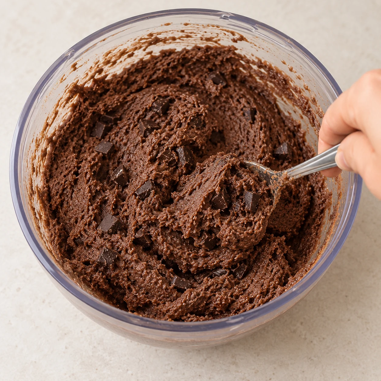 Cuillère incorporant des morceaux de chocolat à une pâte brune épaisse, bol sans lame.