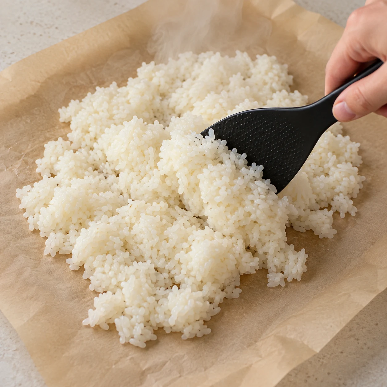 Retourne doucement le riz sur le papier cuisson durant deux à trois minutes pour évacuer la vapeur et le refroidir légèrement.