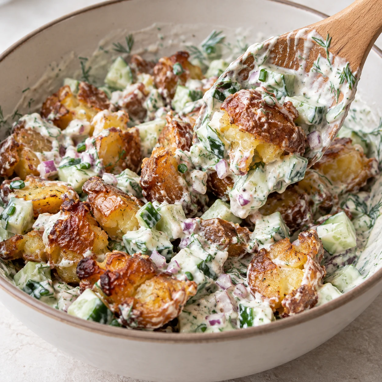 Cuillère incorporant les pommes de terre aplaties et dorées à la salade crémeuse concombre aneth ciboulette oignon rouge.