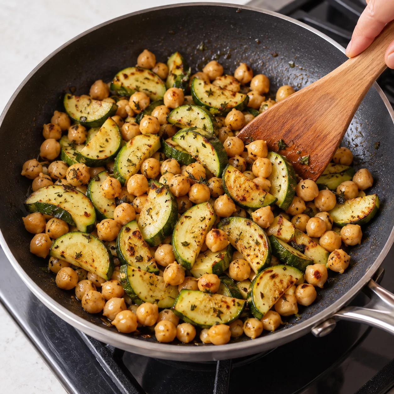 Une photographie carrée réaliste de « Griller les courgettes et pois chiches ». Les courgettes sont tendres et dorées par endroits ; les pois chiches ont quelques marques de grillé. Seulement les ingrédients autorisés à cette étape. Mains adultes anonymes si le geste l’exige, aucune personne identifiable ni texte.