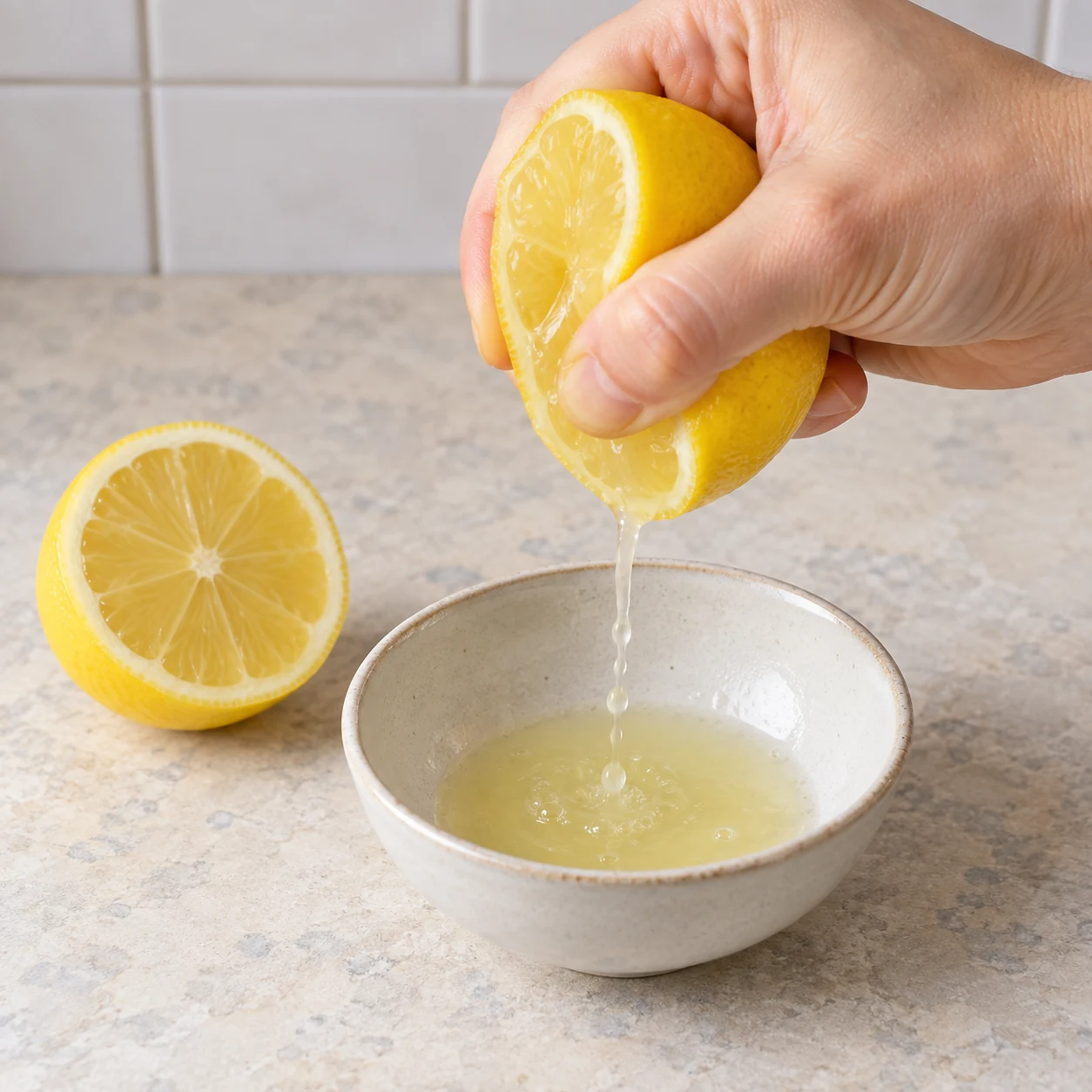 Une seule action : Presser le citron. Le jus du citron est recueilli. Poêle neutre en inox quand la cuisson est montrée. Aucun ingrédient futur.