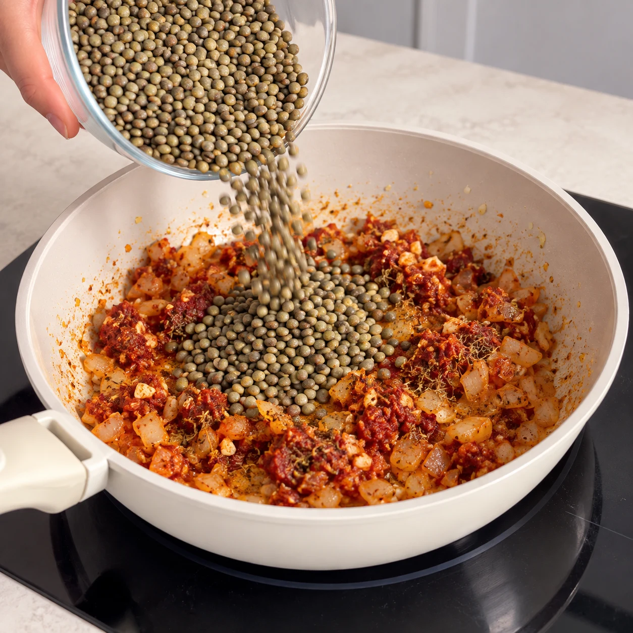 Lentilles vertes ajoutées dans une sauteuse contenant les oignons et le concentré épicé.
