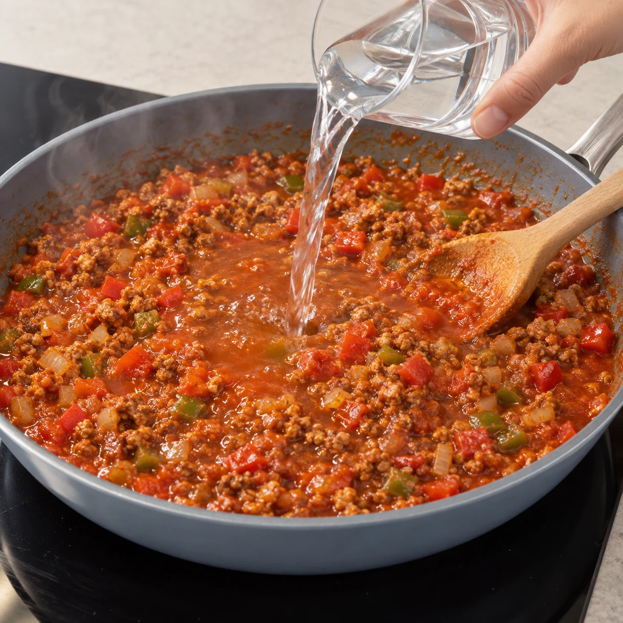 Ajoutez le verre d’eau, du sel, du poivre et du paprika selon le goût. Laissez mijoter jusqu’à obtenir une garniture liée et assez souple pour tremper les galettes.