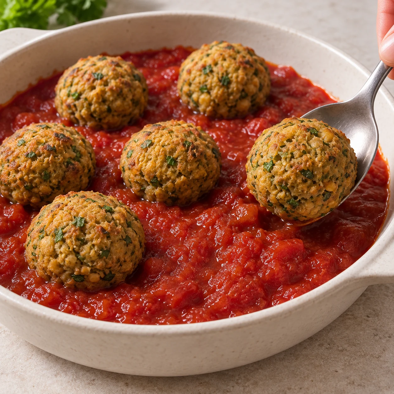 Une seule phase : Déposez les boulettes cuites sur la sauce tomate. État attendu : Les boulettes reposent sur la sauce sans être écrasées. Sans texte, sans personne identifiable, uniquement les ingrédients de cette étape.
