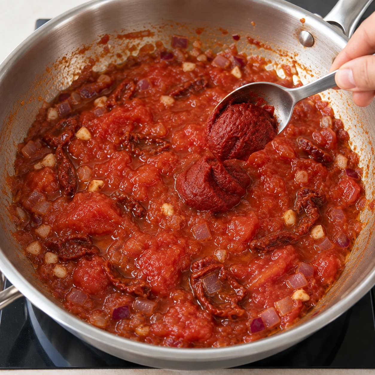Incorpore la cuillère à soupe de concentré de tomates à la sauce. Montrer uniquement les ingrédients présents à cette étape.