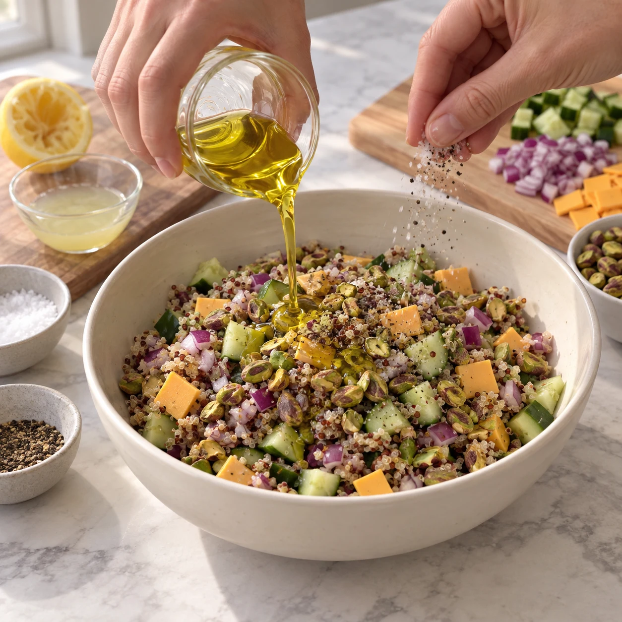 Assaisonner la salade ; Le jus de citron et l’huile imprègnent la salade.