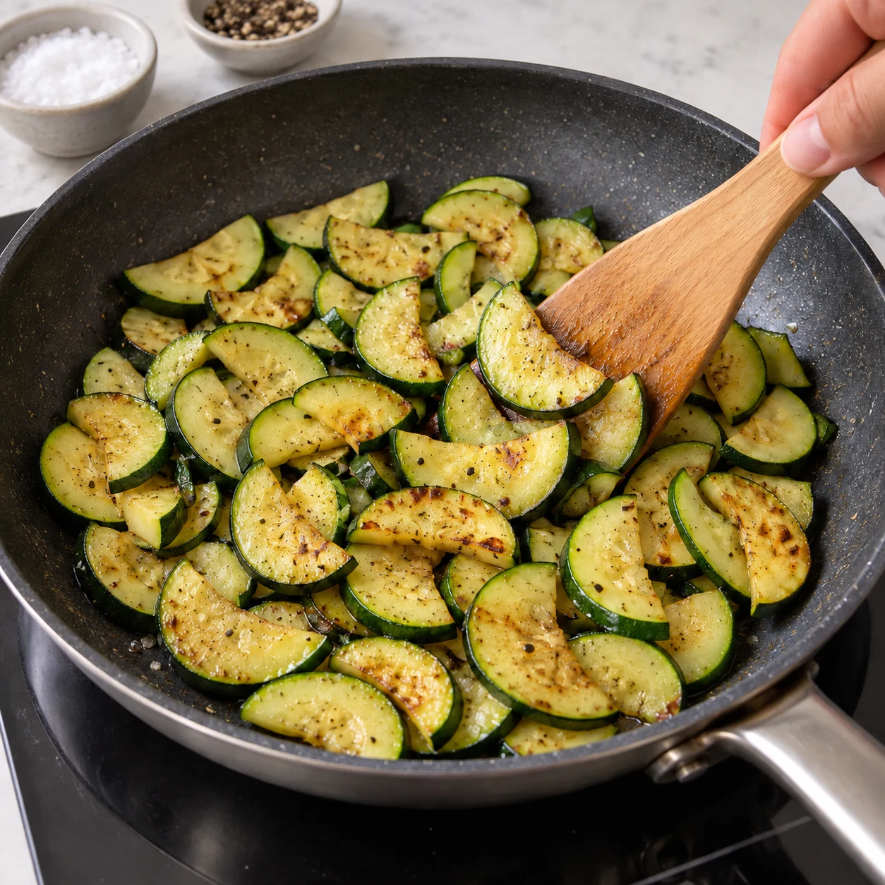 Dorer la courgette : Les demi-lunes sont tendres et légèrement dorées, sans être brûlées.