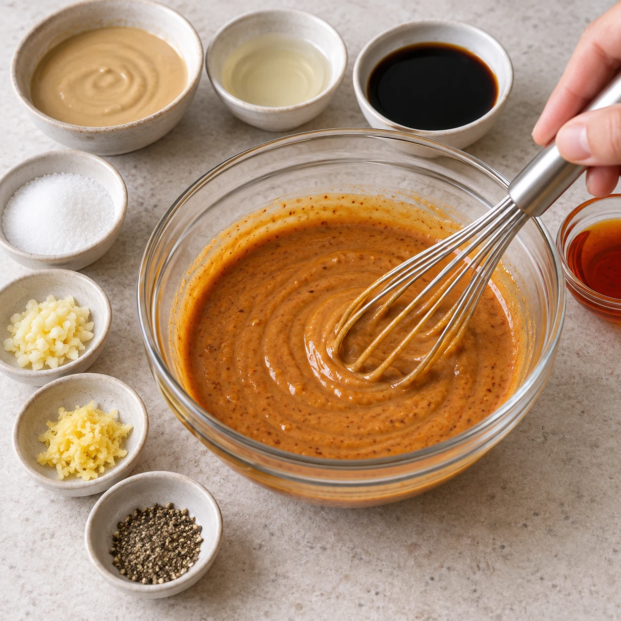 Dans un bol, mélange les trois cuillères à soupe de tahini, le vinaigre de riz, les trois cuillères à soupe de sauce soja, le sucre et les deux cuillères à soupe d’huile pimentée. Ajoute un peu de l’ail, du gingembre et du poivre noir moulu ; garde le reste pour la poêlée. Montrer uniquement les ingrédients de cette étape. Pour le haché : petites miettes de soja cuisiné rouge-brun à la tomate et aux oignons, légèrement humides, jamais viande ni tofu. Huile pimentée liquide sans gros morceaux de piment ; poivre noir moulu, aucune baie de Sichuan. Lumière naturelle claire, pierre pâle, vaisselle neutre, mains adultes anonymes seulement si nécessaires ; aucun texte, visage, vêtement, bijou ni identité de la personne.