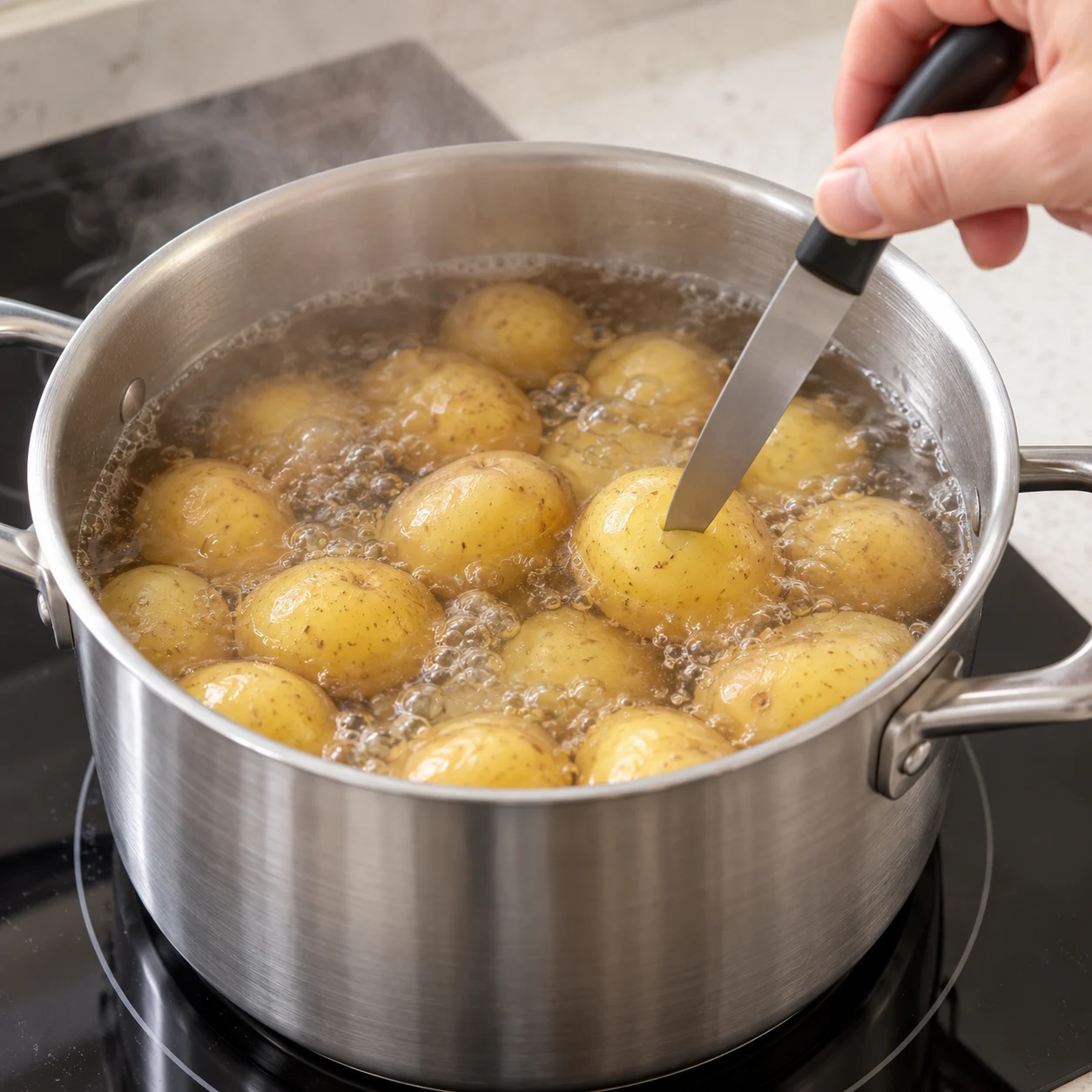 Des pommes de terre entières à peau fine dans une casserole d’eau frémissante.