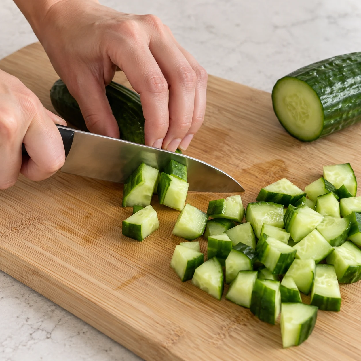 Photographie d’une seule action : Découpe les 150 g de concombre en petits morceaux, comme ceux visibles dans le bol de la recette d’origine. Résultat attendu : Les morceaux de concombre sont petits et réguliers. Adaptation entièrement végane ; pois chiches entiers, aucun crustacé ni produit laitier.