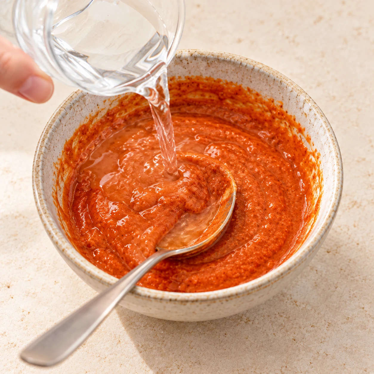 Une main adulte anonyme verse de l’eau depuis un petit verre transparent dans une pâte rouge orangé ; une cuillère repose dans le bol.