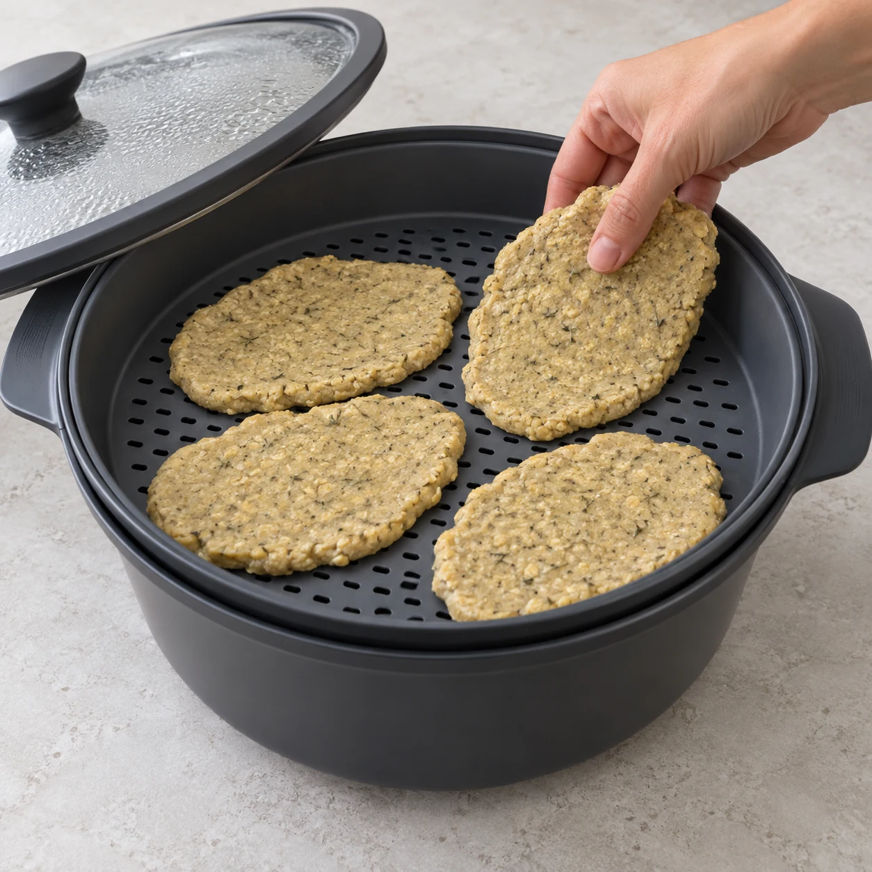 Démarrer la cuisson vapeur : Les escalopes sont disposées dans le panier et la cuisson vapeur de 25 minutes est lancée.