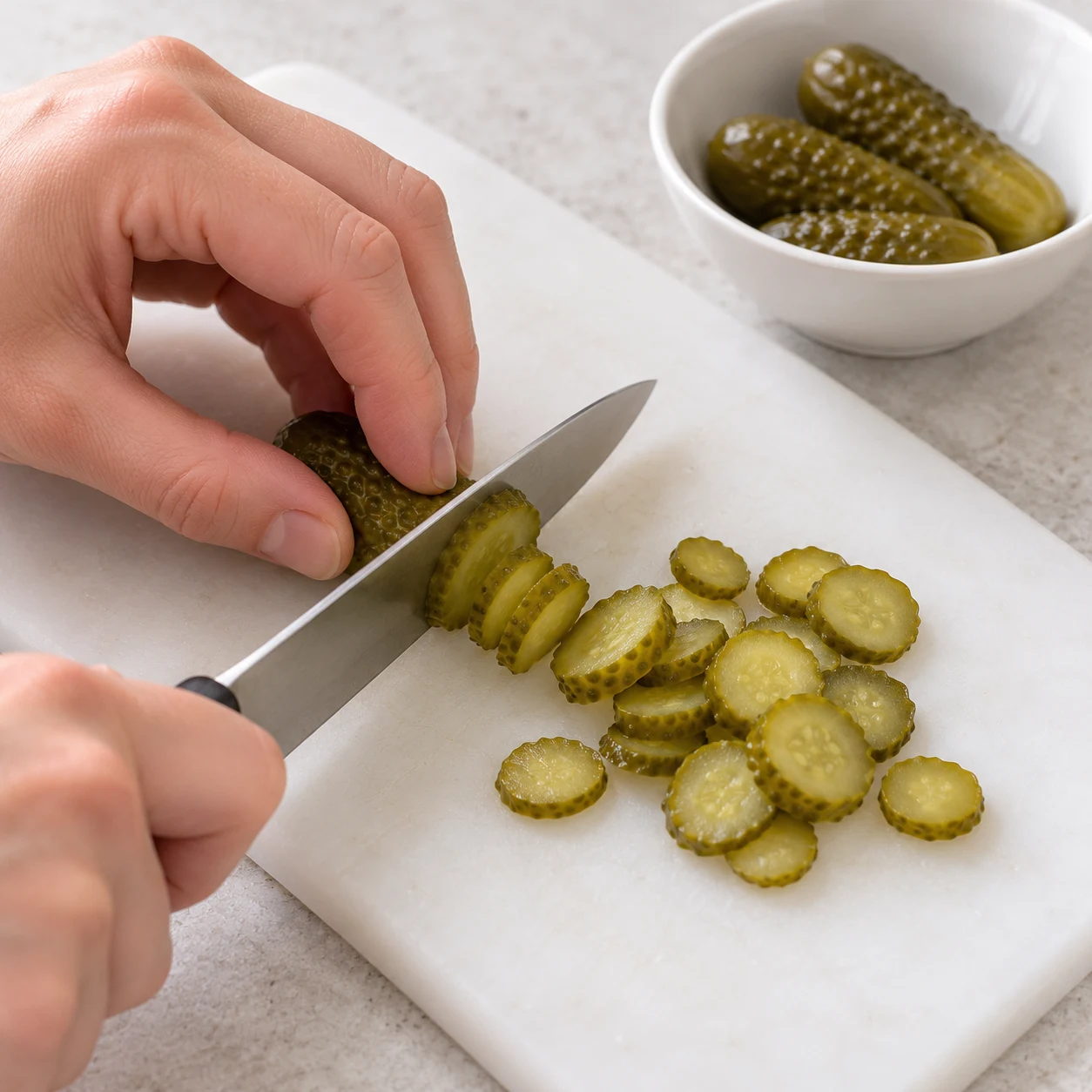 Coupez les 10 g de cornichons au vinaigre en fines rondelles. Montrer uniquement les ingrédients de cette phase sur pierre pâle, vaisselle blanche neutre.