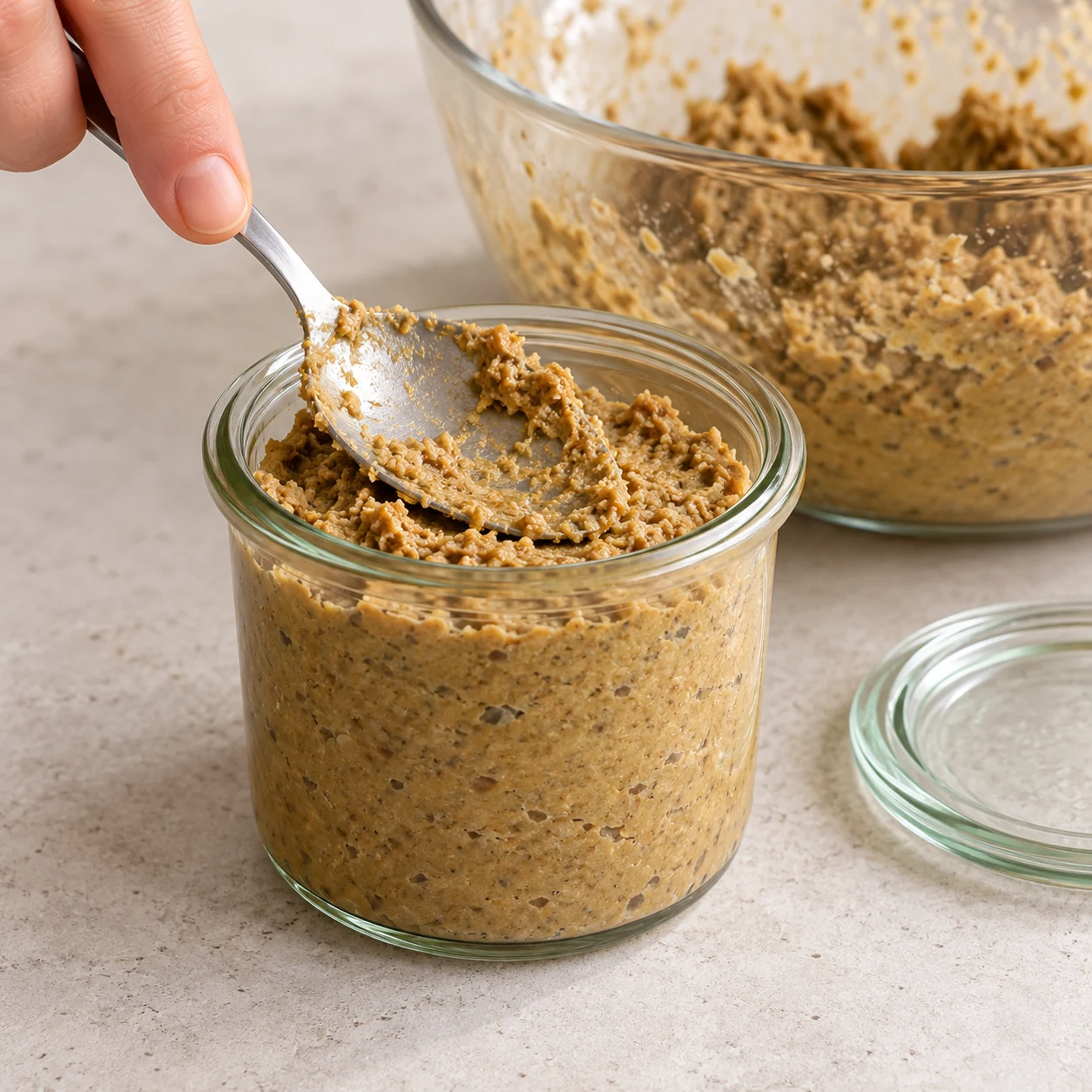 Bocal en verre rempli de rillettes végétales brun doré tassées à la cuillère.