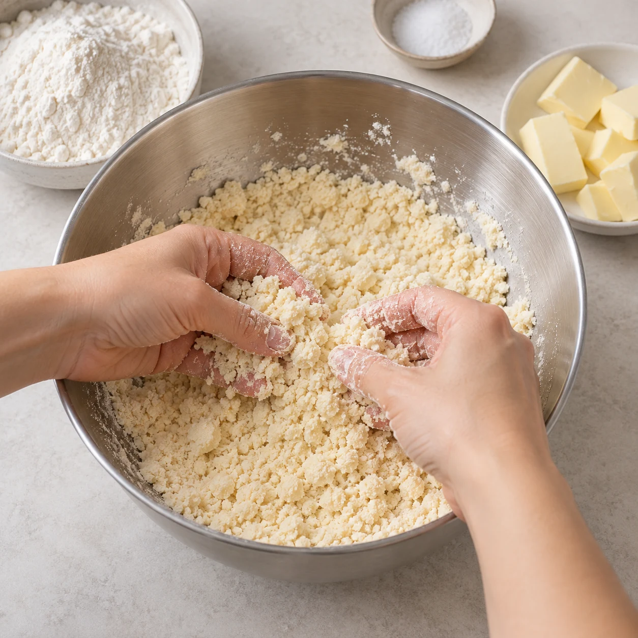 Une seule scène montrant sabler avec la margarine, uniquement les ingrédients de cette phase. Le mélange a une texture de sable grossier.