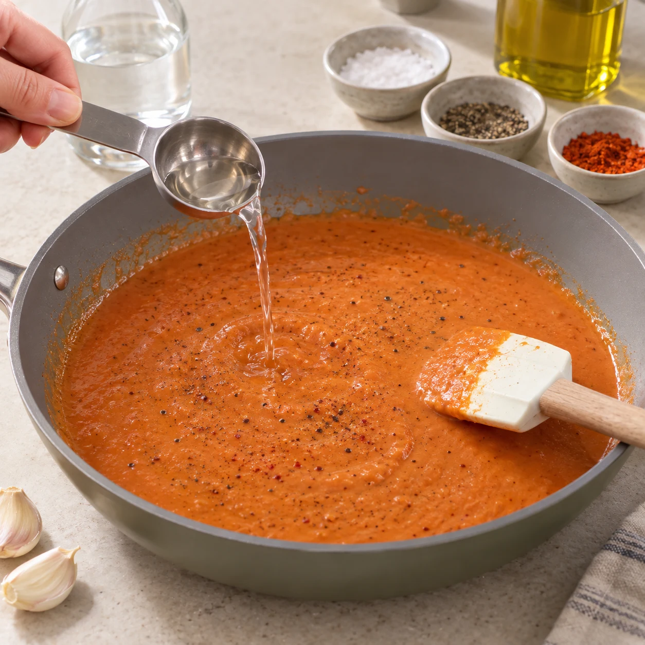 Hors flamme, incorpore les 3 càs de vodka à la sauce, puis mélange avec le sel et le poivre selon le goût et, si tu le souhaites, un peu de piment d’Espelette. Représenter uniquement les ingrédients de cette étape, leur état et le geste indiqué, sans texte ni personne identifiable.