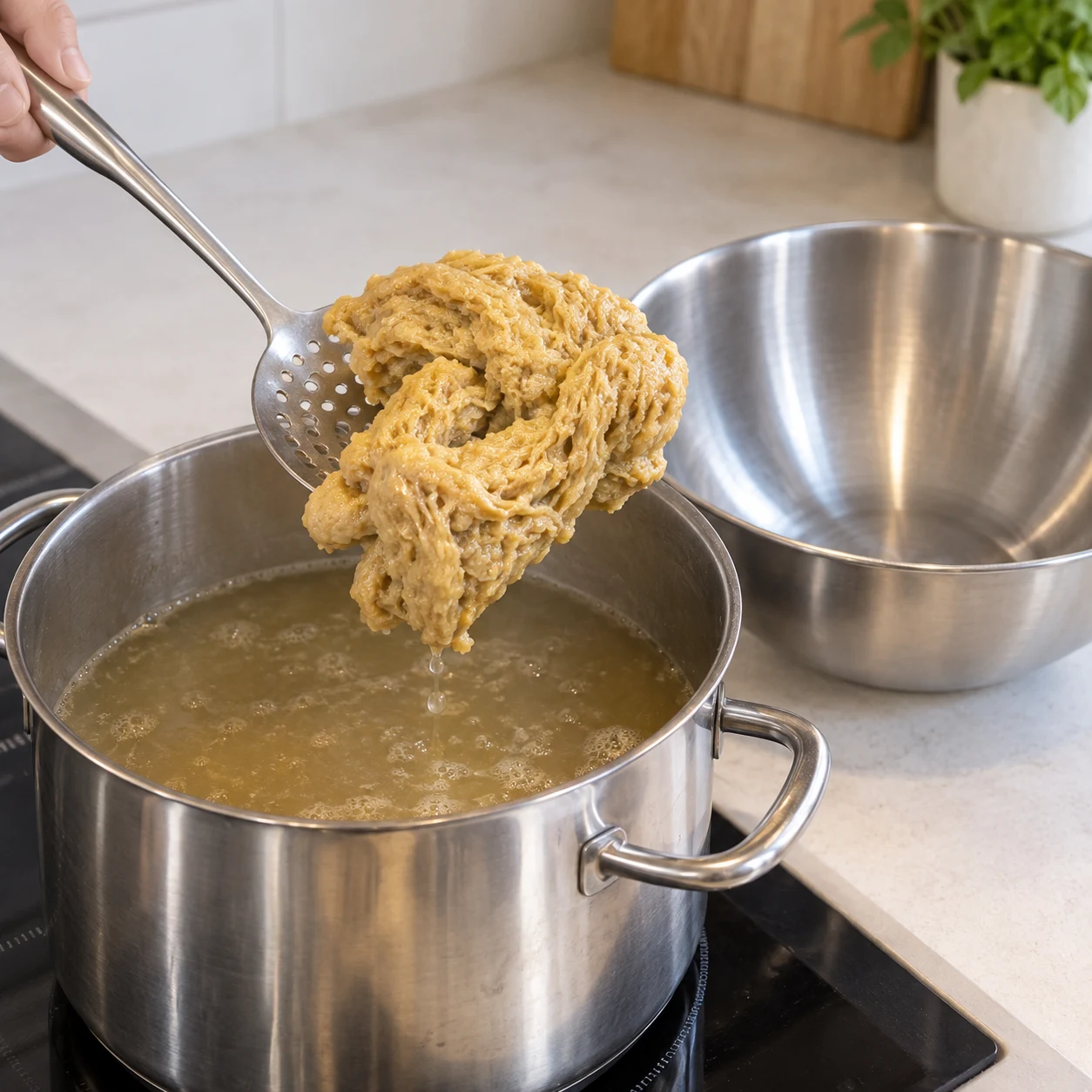 Retire le seitan de son eau de cuisson avec un ustensile adapté. Montrer une seule phase, les ingrédients seuls et, si nécessaire, des mains anonymes.