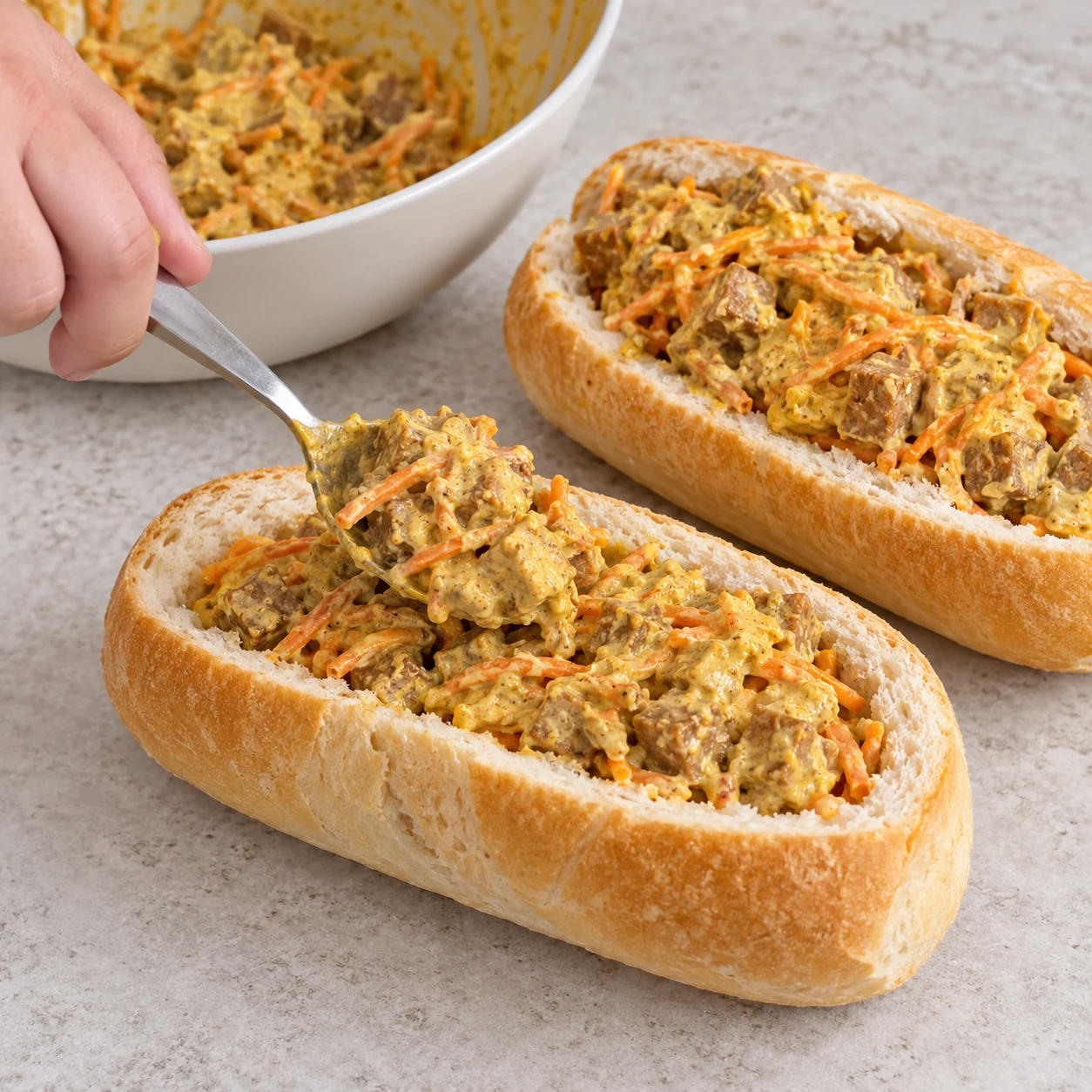 Cuillère garnissant un pain évidé de cubes végétaux bruns, carottes râpées et sauce curry jaune épaisse.