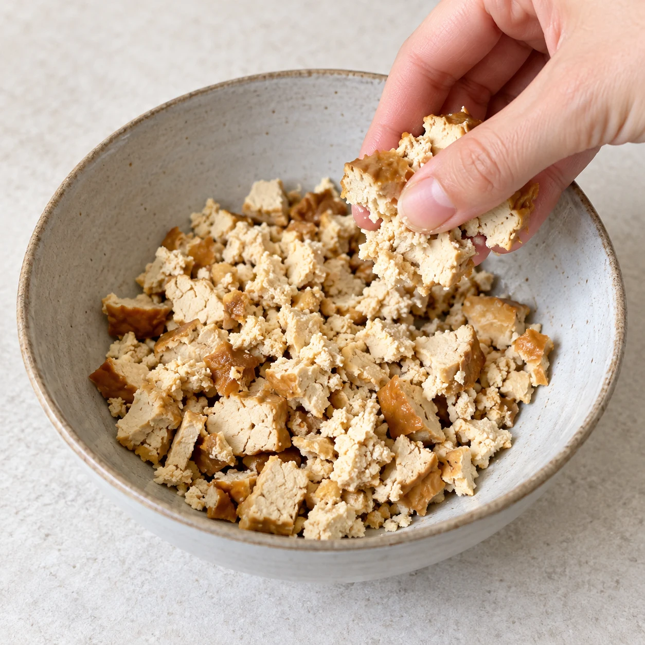 Émiette les 100 g de tofu fumé dans un bol. Ce tofu s’utilise aussi en salade selon sa fiche fournisseur ; il remplace le saumon déjà cuit de la source. Montrer seulement les ingrédients de cette étape ; adaptation végétale, aucun saumon ni produit laitier.
