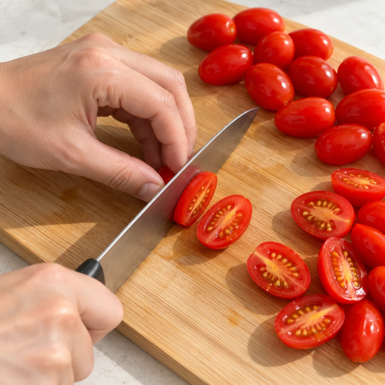 Main anonyme coupant des tomates cerises en deux sur une planche.