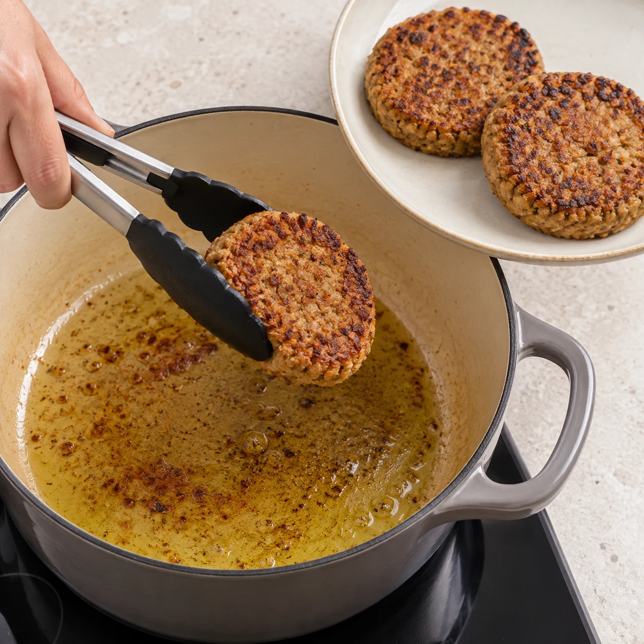 Retire les steaks végétaux cuits de la cocotte et réserve-les sur une assiette. État à montrer : Les steaks cuits sont hors de la cocotte ; l’huile reste dans celle-ci.