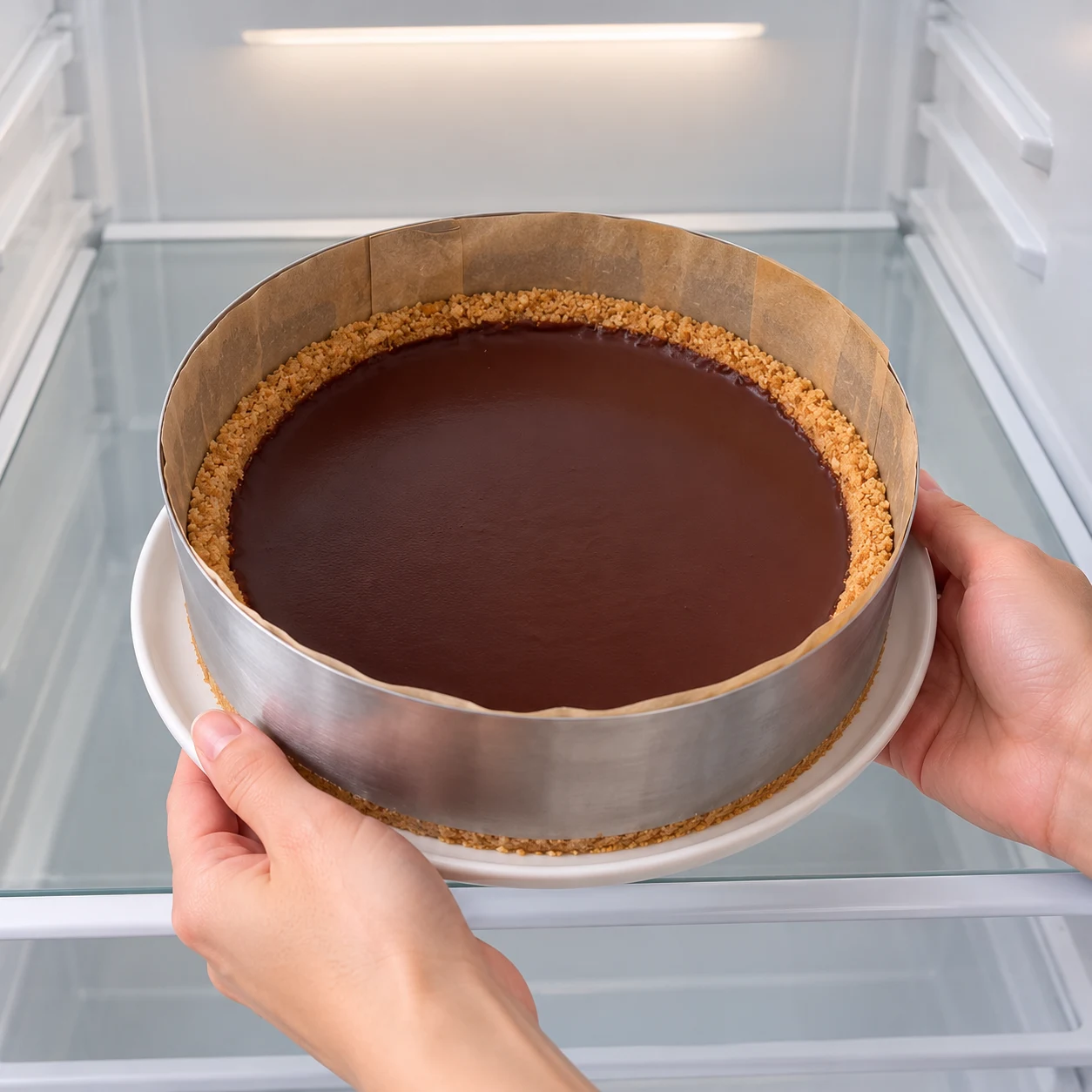 Tarte entière garnie de ganache dans son cercle chemisé, placée sur une étagère de réfrigérateur, sans aliment autour.