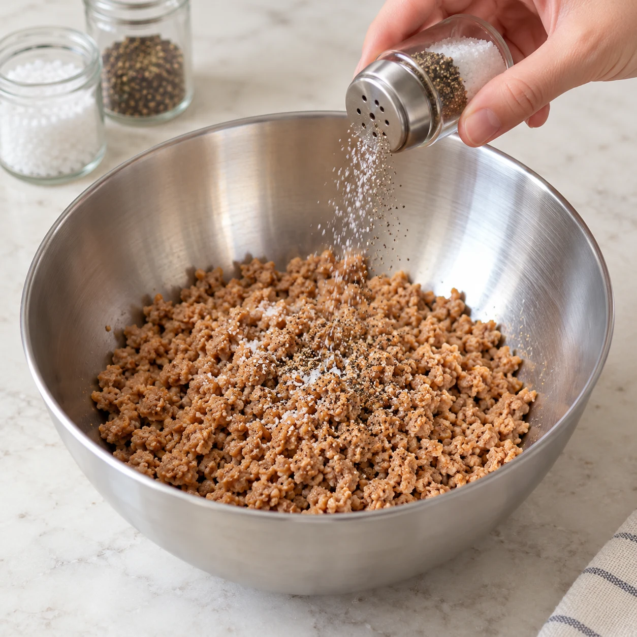 Haché végétal de soja brun émietté dans un bol en inox, une main saupoudre sel et poivre.