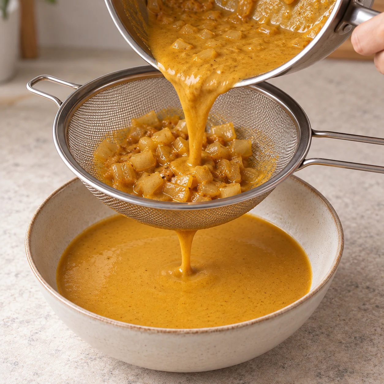 Sauce curry filtrée avec tamis, oignons retenus et sauce lisse dessous.