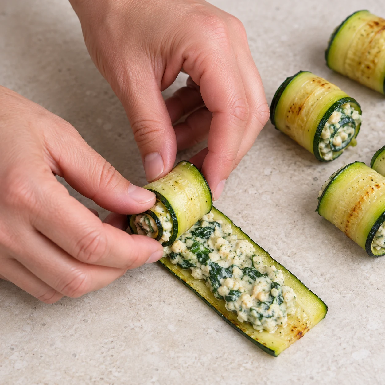 Rouler les cannelloni : Les rouleaux tiennent leur forme, avec une spirale de courgette autour de la farce. Une seule phase culinaire, plan de travail pierre pâle, lumière naturelle, aucun texte.