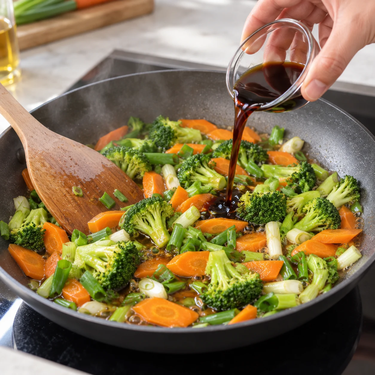 Ajout de sauce soja brune au mélange de légumes dans la poêle.